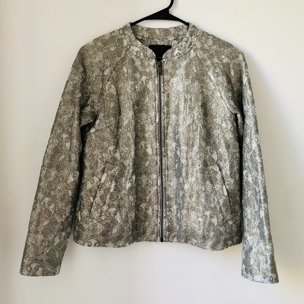Banana Republic Shiny Metallic Knit Lace Bomber Zip Up Fleece Lined Jacket